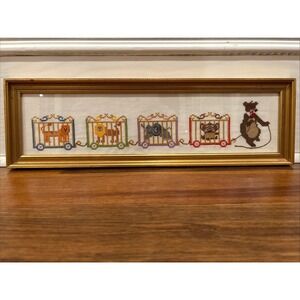 Cross Stitch Gold Framed Needle Work Circus Cars Animals Train